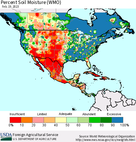 North America Percent Soil Moisture (WMO) Thematic Map For 2/13/2023 - 2/19/2023