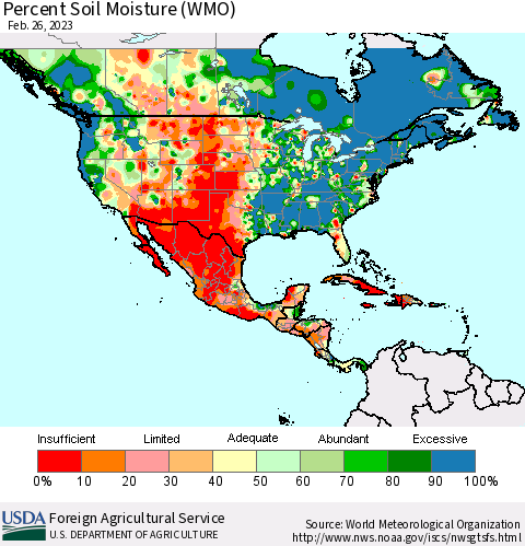 North America Percent Soil Moisture (WMO) Thematic Map For 2/20/2023 - 2/26/2023