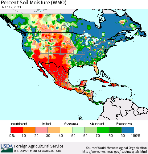 North America Percent Soil Moisture (WMO) Thematic Map For 3/6/2023 - 3/12/2023