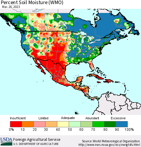 North America Percent Soil Moisture (WMO) Thematic Map For 3/20/2023 - 3/26/2023