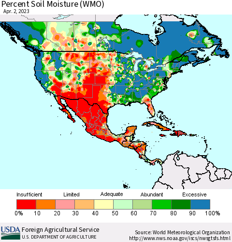 North America Percent Soil Moisture (WMO) Thematic Map For 3/27/2023 - 4/2/2023
