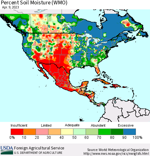 North America Percent Soil Moisture (WMO) Thematic Map For 4/3/2023 - 4/9/2023