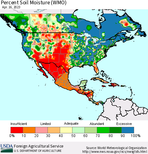 North America Percent Soil Moisture (WMO) Thematic Map For 4/10/2023 - 4/16/2023