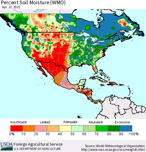 North America Percent Soil Moisture (WMO) Thematic Map For 4/17/2023 - 4/23/2023