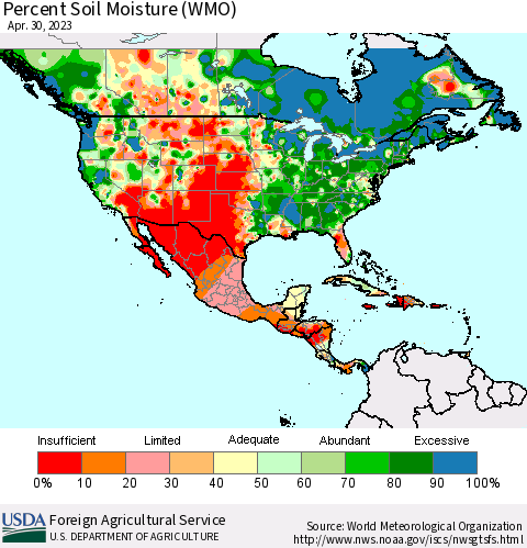 North America Percent Soil Moisture (WMO) Thematic Map For 4/24/2023 - 4/30/2023
