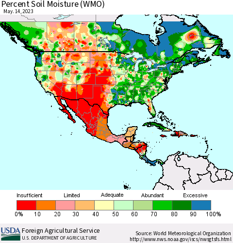 North America Percent Soil Moisture (WMO) Thematic Map For 5/8/2023 - 5/14/2023
