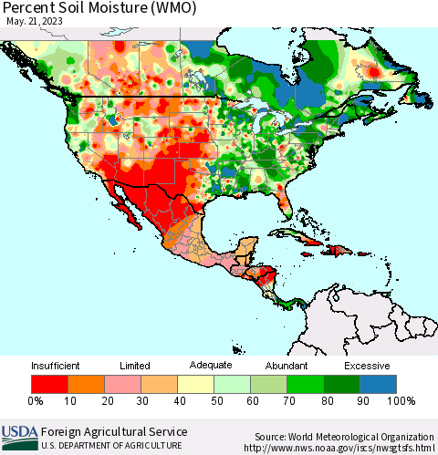 North America Percent Soil Moisture (WMO) Thematic Map For 5/15/2023 - 5/21/2023
