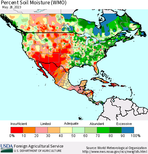 North America Percent Soil Moisture (WMO) Thematic Map For 5/22/2023 - 5/28/2023
