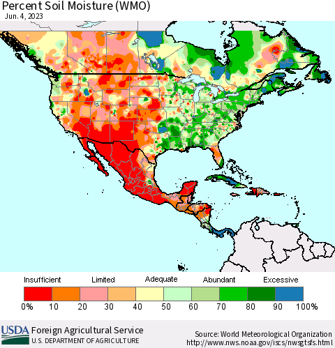 North America Percent Soil Moisture (WMO) Thematic Map For 5/29/2023 - 6/4/2023