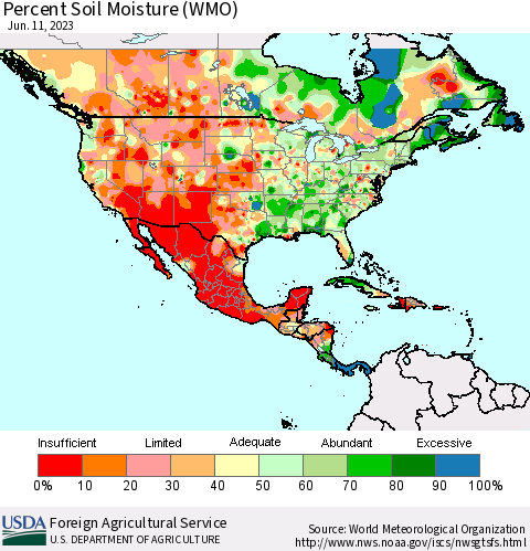 North America Percent Soil Moisture (WMO) Thematic Map For 6/5/2023 - 6/11/2023