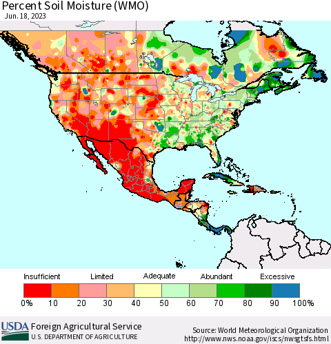 North America Percent Soil Moisture (WMO) Thematic Map For 6/12/2023 - 6/18/2023