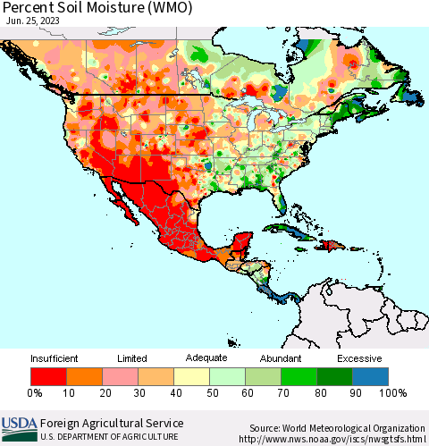 North America Percent Soil Moisture (WMO) Thematic Map For 6/19/2023 - 6/25/2023