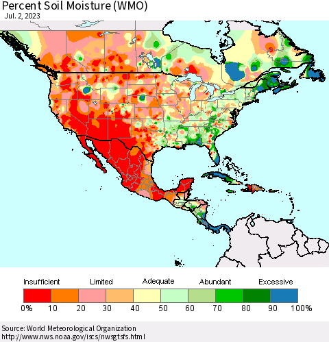 North America Percent Soil Moisture (WMO) Thematic Map For 6/26/2023 - 7/2/2023