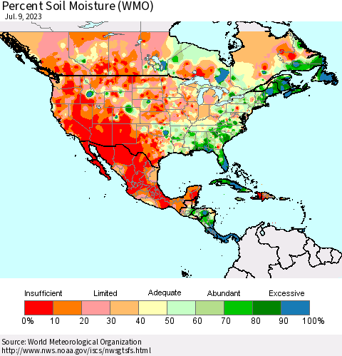 North America Percent Soil Moisture (WMO) Thematic Map For 7/3/2023 - 7/9/2023