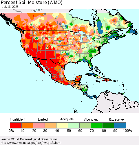 North America Percent Soil Moisture (WMO) Thematic Map For 7/10/2023 - 7/16/2023