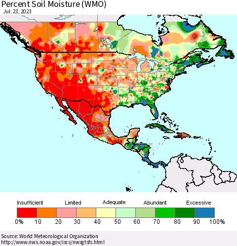 North America Percent Soil Moisture (WMO) Thematic Map For 7/17/2023 - 7/23/2023