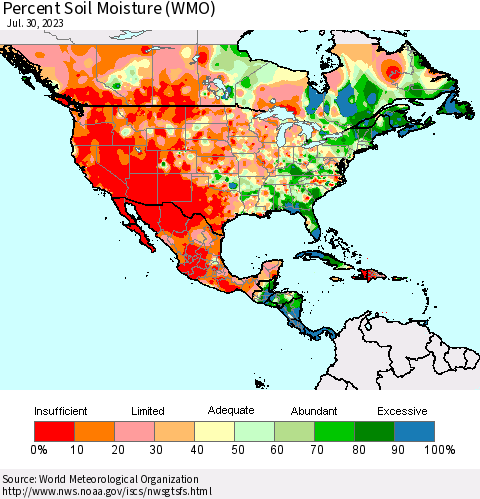 North America Percent Soil Moisture (WMO) Thematic Map For 7/24/2023 - 7/30/2023