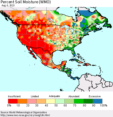 North America Percent Soil Moisture (WMO) Thematic Map For 7/31/2023 - 8/6/2023