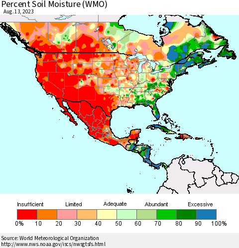 North America Percent Soil Moisture (WMO) Thematic Map For 8/7/2023 - 8/13/2023