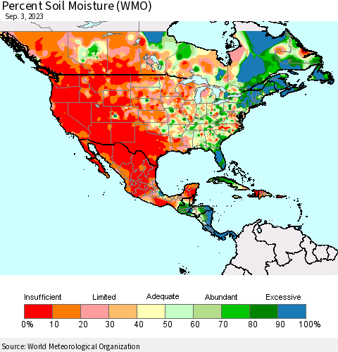 North America Percent Soil Moisture (WMO) Thematic Map For 8/28/2023 - 9/3/2023