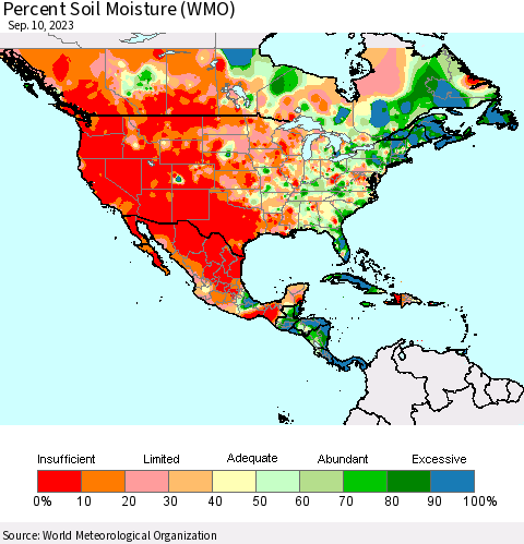 North America Percent Soil Moisture (WMO) Thematic Map For 9/4/2023 - 9/10/2023