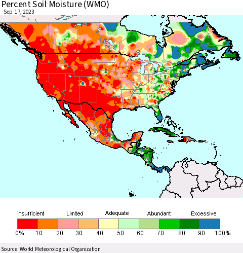 North America Percent Soil Moisture (WMO) Thematic Map For 9/11/2023 - 9/17/2023