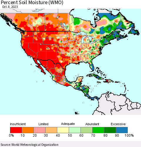 North America Percent Soil Moisture (WMO) Thematic Map For 10/2/2023 - 10/8/2023