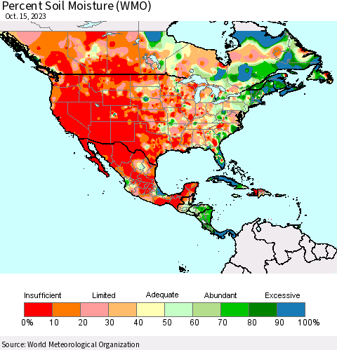 North America Percent Soil Moisture (WMO) Thematic Map For 10/9/2023 - 10/15/2023