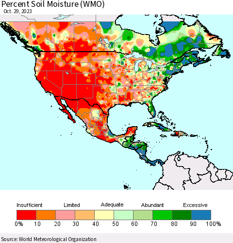 North America Percent Soil Moisture (WMO) Thematic Map For 10/23/2023 - 10/29/2023