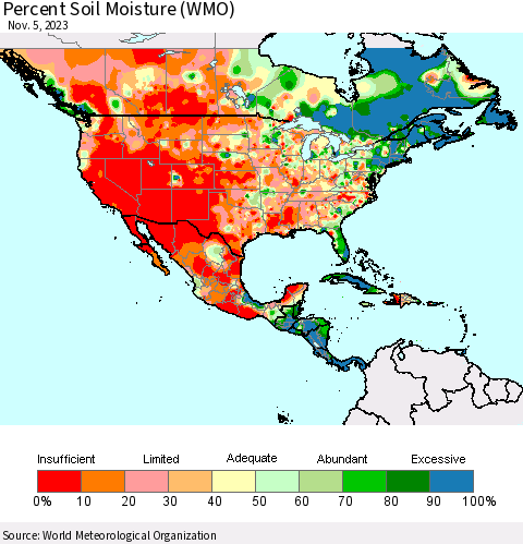 North America Percent Soil Moisture (WMO) Thematic Map For 10/30/2023 - 11/5/2023