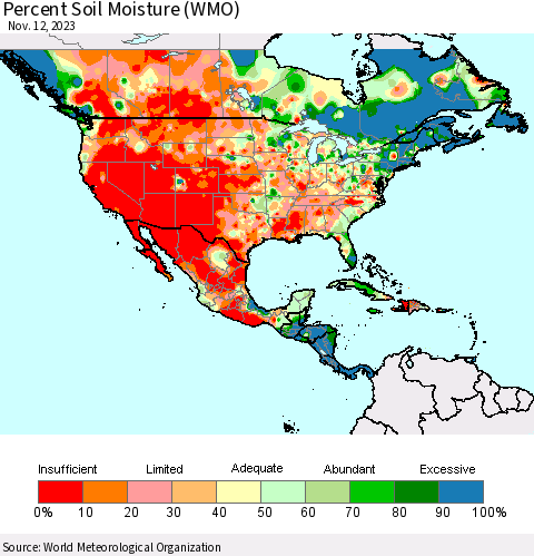 North America Percent Soil Moisture (WMO) Thematic Map For 11/6/2023 - 11/12/2023
