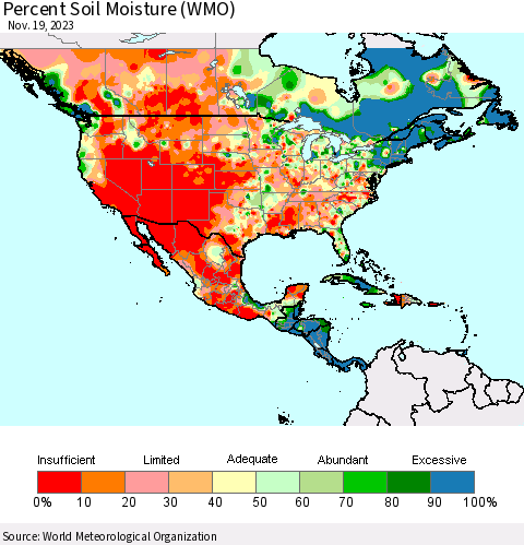 North America Percent Soil Moisture (WMO) Thematic Map For 11/13/2023 - 11/19/2023