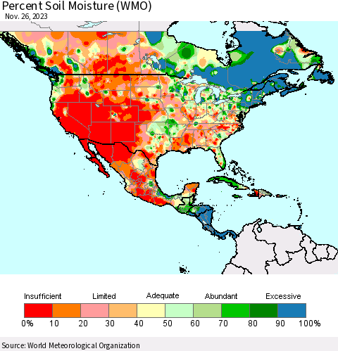 North America Percent Soil Moisture (WMO) Thematic Map For 11/20/2023 - 11/26/2023