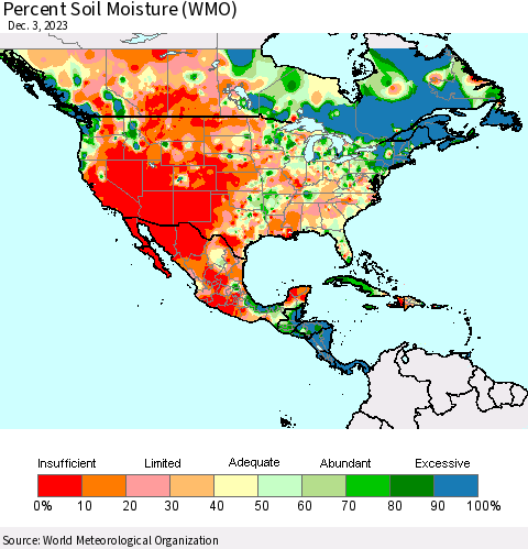 North America Percent Soil Moisture (WMO) Thematic Map For 11/27/2023 - 12/3/2023