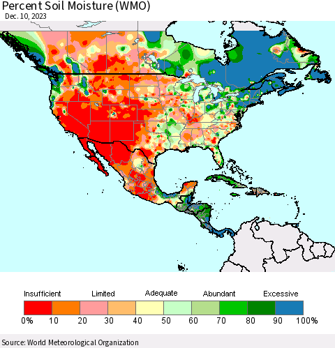 North America Percent Soil Moisture (WMO) Thematic Map For 12/4/2023 - 12/10/2023