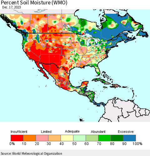 North America Percent Soil Moisture (WMO) Thematic Map For 12/11/2023 - 12/17/2023