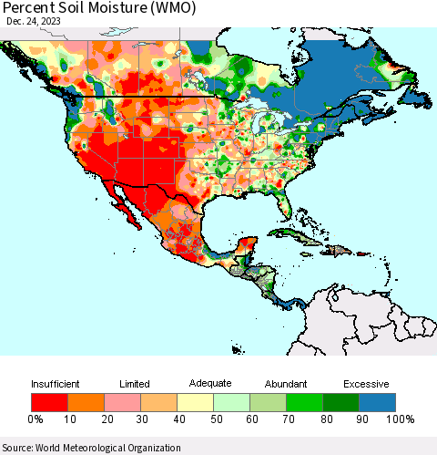 North America Percent Soil Moisture (WMO) Thematic Map For 12/18/2023 - 12/24/2023