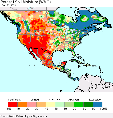 North America Percent Soil Moisture (WMO) Thematic Map For 12/25/2023 - 12/31/2023