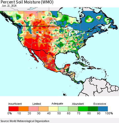 North America Percent Soil Moisture (WMO) Thematic Map For 1/15/2024 - 1/21/2024