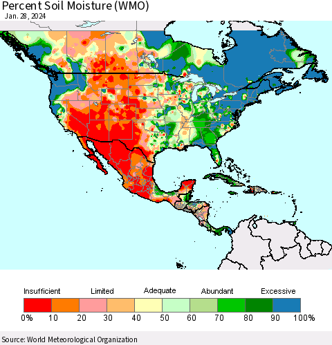 North America Percent Soil Moisture (WMO) Thematic Map For 1/22/2024 - 1/28/2024