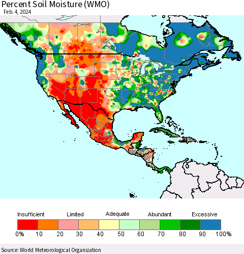 North America Percent Soil Moisture (WMO) Thematic Map For 1/29/2024 - 2/4/2024