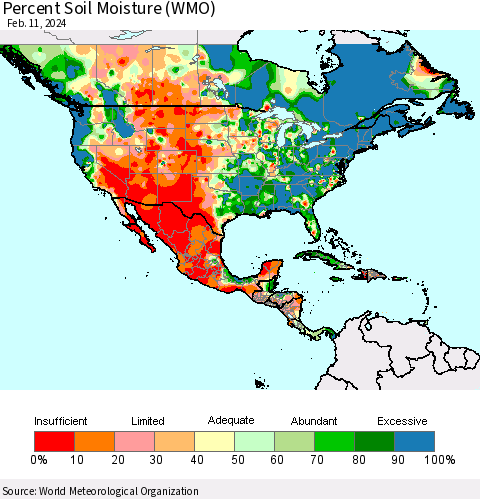North America Percent Soil Moisture (WMO) Thematic Map For 2/5/2024 - 2/11/2024