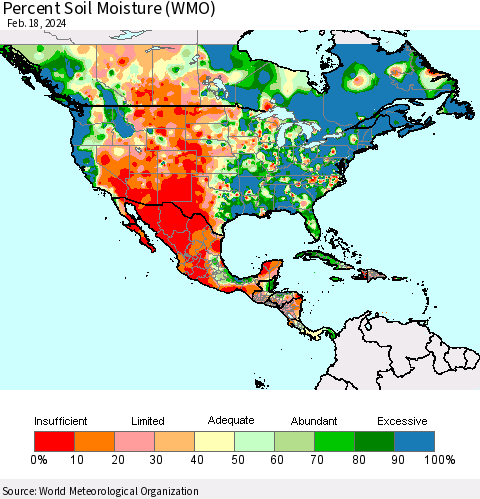 North America Percent Soil Moisture (WMO) Thematic Map For 2/12/2024 - 2/18/2024
