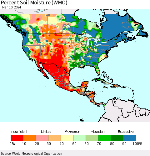 North America Percent Soil Moisture (WMO) Thematic Map For 3/4/2024 - 3/10/2024