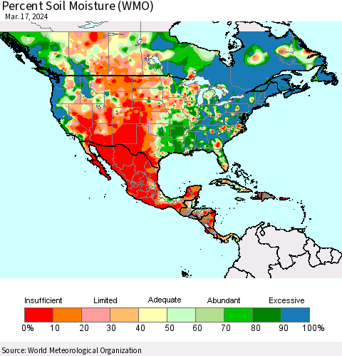 North America Percent Soil Moisture (WMO) Thematic Map For 3/11/2024 - 3/17/2024