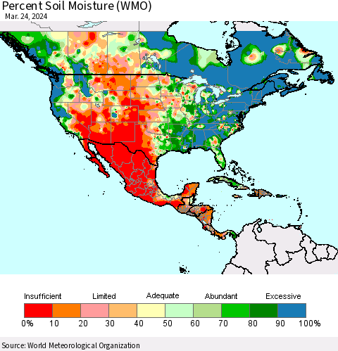 North America Percent Soil Moisture (WMO) Thematic Map For 3/18/2024 - 3/24/2024