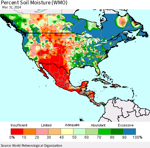 North America Percent Soil Moisture (WMO) Thematic Map For 3/25/2024 - 3/31/2024