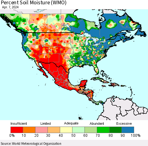 North America Percent Soil Moisture (WMO) Thematic Map For 4/1/2024 - 4/7/2024