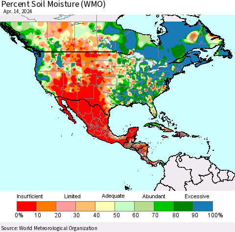 North America Percent Soil Moisture (WMO) Thematic Map For 4/8/2024 - 4/14/2024