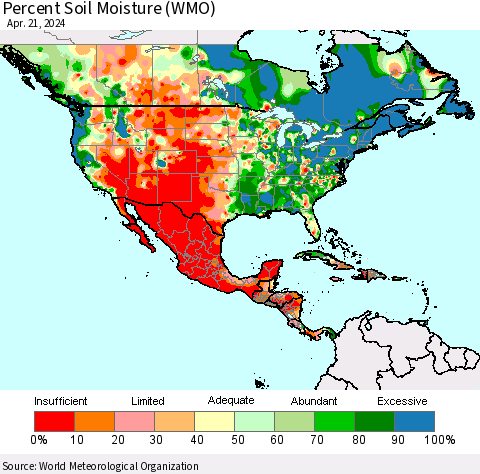 North America Percent Soil Moisture (WMO) Thematic Map For 4/15/2024 - 4/21/2024
